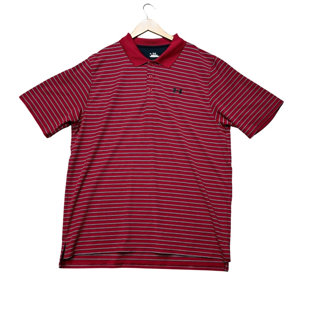 Under Armour Polo Shirt Men XL Red Stripe Short Sleeve Golf Performance HeatGear